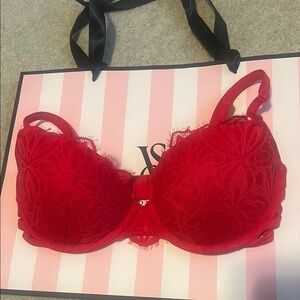 Pink Victoria's Secret Red Lace shimmer floral date push up Bra
